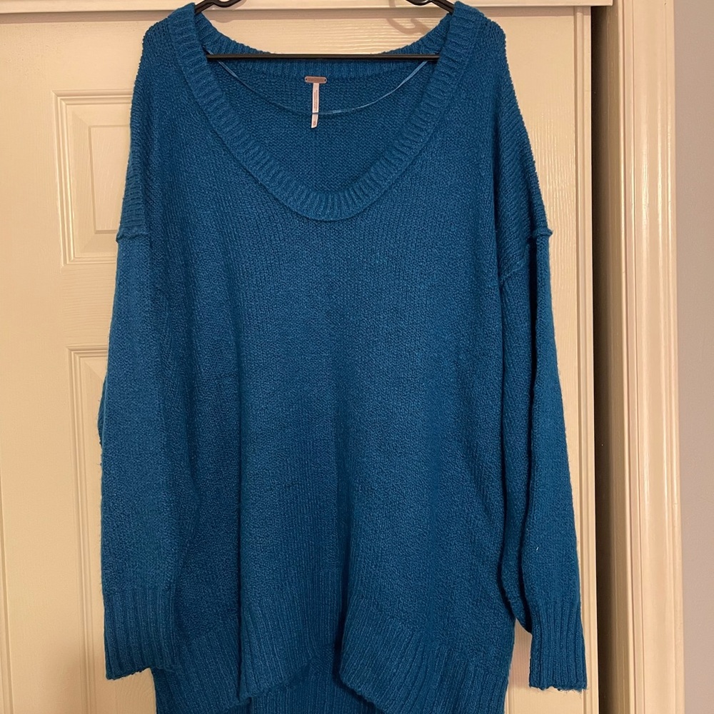 Free People Teal Blue Scoop Neck Oversized Knit Sweater